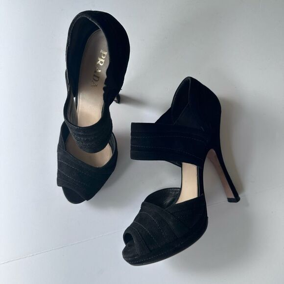 Prada Black Suede High Heel Peep Toe Bootie Style Sandals Size 38 - Picture 3 of 14
